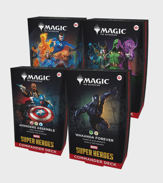 Magic: The Gathering Marvel Super Heroes Commander Deck featuring a ready-to-play 100-card deck inspired by iconic Marvel characters.