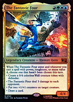 Magic: The Gathering trading card 'The Fantastic Four' from the Magic: The Gathering Core Set 2014. The card features a gold border, blue and orange artwork of the characters, and rules text detailing the card's effects.
