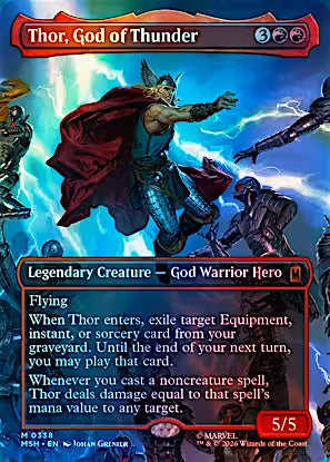 A Magic: The Gathering trading card for 'Thor, God of Thunder' featuring artwork of Thor with a red cape and blue lightning, with card text and mana cost indicators visible.
