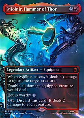 A Magic: The Gathering trading card for 'Mjølnir, Hammer of Thor', showing a fantasy illustration of a giant hammer-headed creature striking lightning in a blue and green scene. The card has a red border and text boxes, with Magic branding and copyright text visible.
