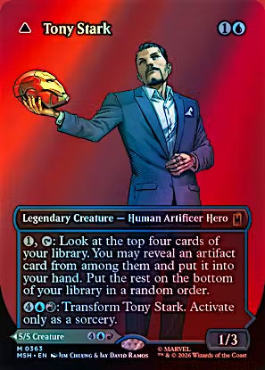 A Marvel trading card featuring Tony Stark, a Legendary Creature - Human Artificer Hero. The card has a red background, shows Tony Stark in a blue suit holding a gold helmet, and contains game text boxes.