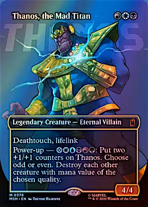 A Magic: The Gathering trading card for 'Thanos, the Mad Titan' from the 2024 Horizons expansion. The card features Thanos with glowing blue energy and gold armor against a dark blue background, with card text detailing his power and effects.