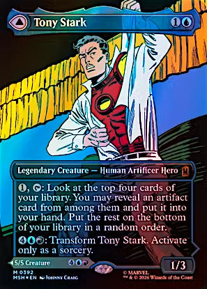 A collectible trading card featuring Tony Stark, illustrated in a comic-style art print. The card has a blue header, a red and gold chest emblem, and a dark brown text box with rules text.