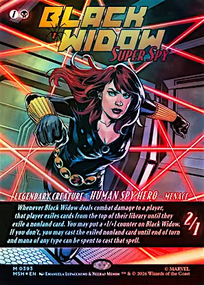 A Marvel trading card featuring the character Black Widow in a comic-style illustration. The card has a dark background with red laser lines, large 'Black Widow Super Spy' title text at the top, and character stats and flavor text along the bottom.