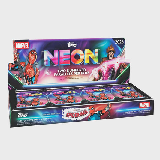 2026 Topps Marvel Neon Hobby Box sealed trading cards featuring Marvel characters, neon parallels, rare inserts and autograph chases.
