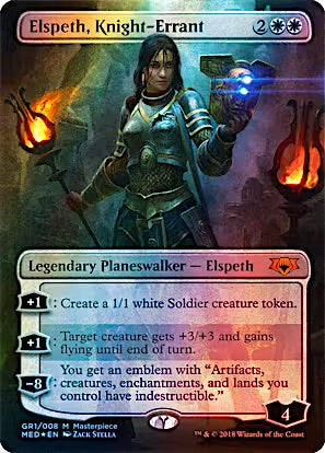 A Magic: The Gathering trading card for 'Elspath, Knight-Errant' from the Masterpiece set. The card features artwork of a female knight in blue armor holding a glowing blue orb, with fiery orange embers in the background.