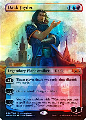 A Magic: The Gathering trading card for 'Dack Fayden', a Legendary Planeswalker from the Masterpiece set. The card features artwork of a young man in a blue robe casting a spell, with a glowing blue and orange cityscape in the background.