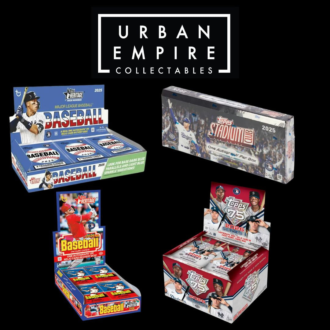 Collection of baseball trading card boxes with Urban Empire Collectibles branding on a black background.
