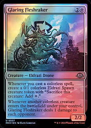 A Magic: The Gathering trading card for 'Glaring Fleshraker' from the Wrothgard expansion. The card features an iridescent blue-to-purple holographic frame, a central illustration of a multi-headed dragon, and a red text box containing the card's rules text.