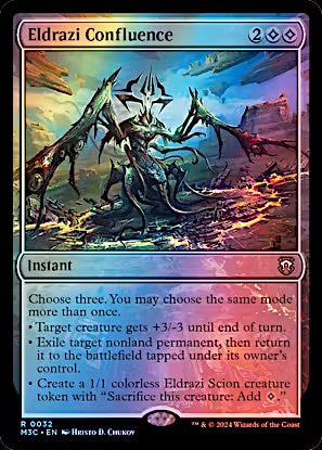 A Magic: The Gathering trading card titled 'Eldrazi Confluence' from the Ravnica Remastered set. The card features a blue and purple iridescent frame with artwork of a large, skeletal, multi-limbed creature in a fiery landscape.
