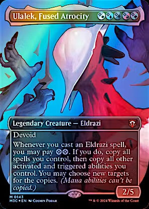 A Magic: The Gathering trading card titled "Ulalek, Fused Atrocity" from the Core Set 2024. The card features artwork of a pale white bird with blue and red feathers against a blue background, with a dark brown text box at the bottom containing the card's rules text.