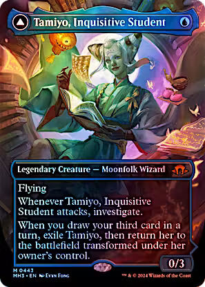 Tamiyo, Inquisitive Student Borderless Foil from Modern Horizons 3 (MH3) Near Mint Mythic Rare Magic: The Gathering double-faced legendary creature and planeswalker.