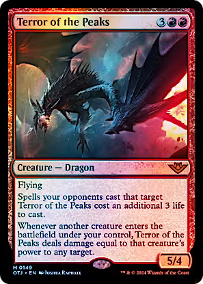 Foil Terror of the Peaks from Outlaws of Thunder Junction (OTJ) Near Mint Mythic Rare Magic: The Gathering Dragon creature and Commander staple.