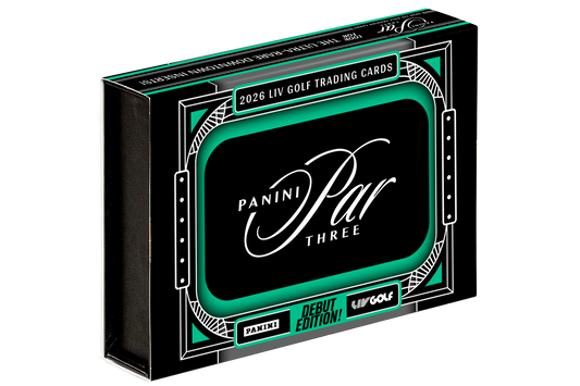2026 Panini Par Three LIV Golf Hobby Box containing 3 slabbed trading cards, averaging one autograph, one base card or parallel and one memorabilia card or insert.