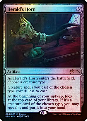 A Magic: The Gathering trading card titled 'Herald's Horn' with a blue artifact frame and artwork showing a horned creature in a dark interior. Visible text includes card rules and mana cost 3.