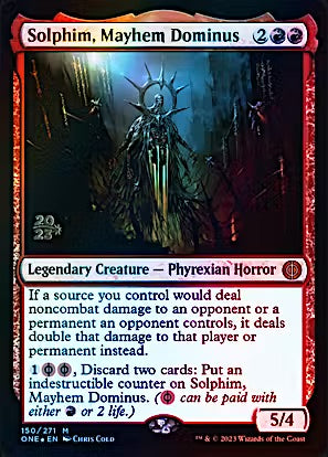 A Magic: The Gathering trading card for 'Solheim, Mayhem Dominus' from the One Eyland expansion. The card features a red frame, a black and white illustration of a crowned figure in a dark forest, and white text boxes detailing its game effects.