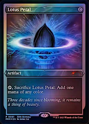 A single trading card featuring the Lotus Petal artwork and text, shown straight-on against a dark background. The card has a blue-purple central illustration with a glowing ring and a lotus shape, plus a purple-to-pink foil border.