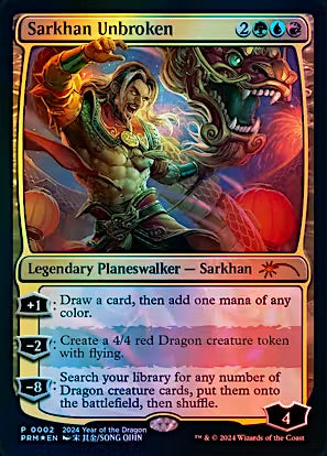 Magic: The Gathering trading card 'Sarkhan Unbroken' from the Sunken Sands expansion, featuring artwork of a warrior with a dragon and a red sun, with card text and mana cost indicators visible.