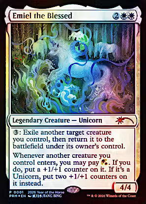 Emiel the Blessed Year of the Horse 2026 foil Mythic Rare Standard Showdown Promo #3, Near Mint Magic the Gathering Legendary Unicorn.