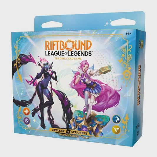Riftbound League of Legends TCG Radiance Evelynn vs Seraphine Showdown Deck featuring two 56-card preconstructed decks, two booster packs, two paper playmats and a rulebook.