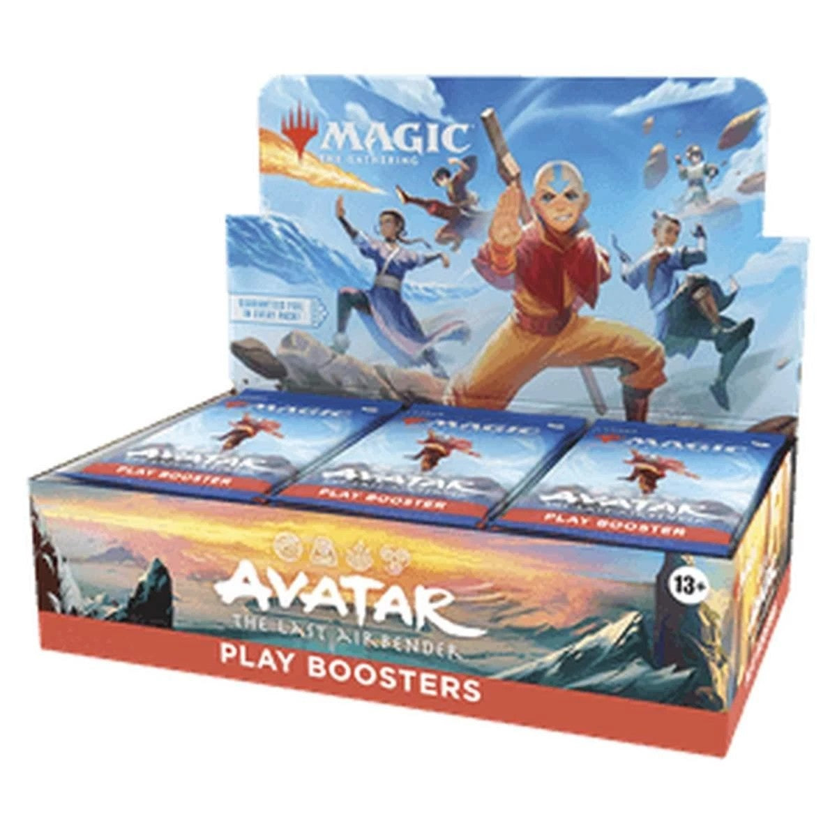 Magic: The Gathering Avatar: The Last Airbender Play Booster Box sealed display with elemental artwork.