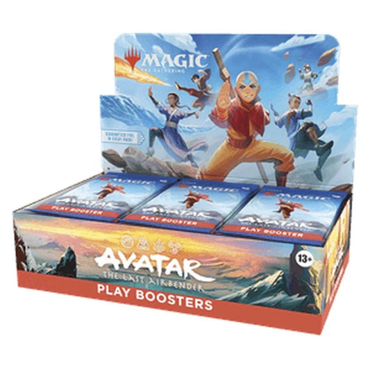 Magic: The Gathering Avatar: The Last Airbender Play Booster Box sealed display with elemental artwork.