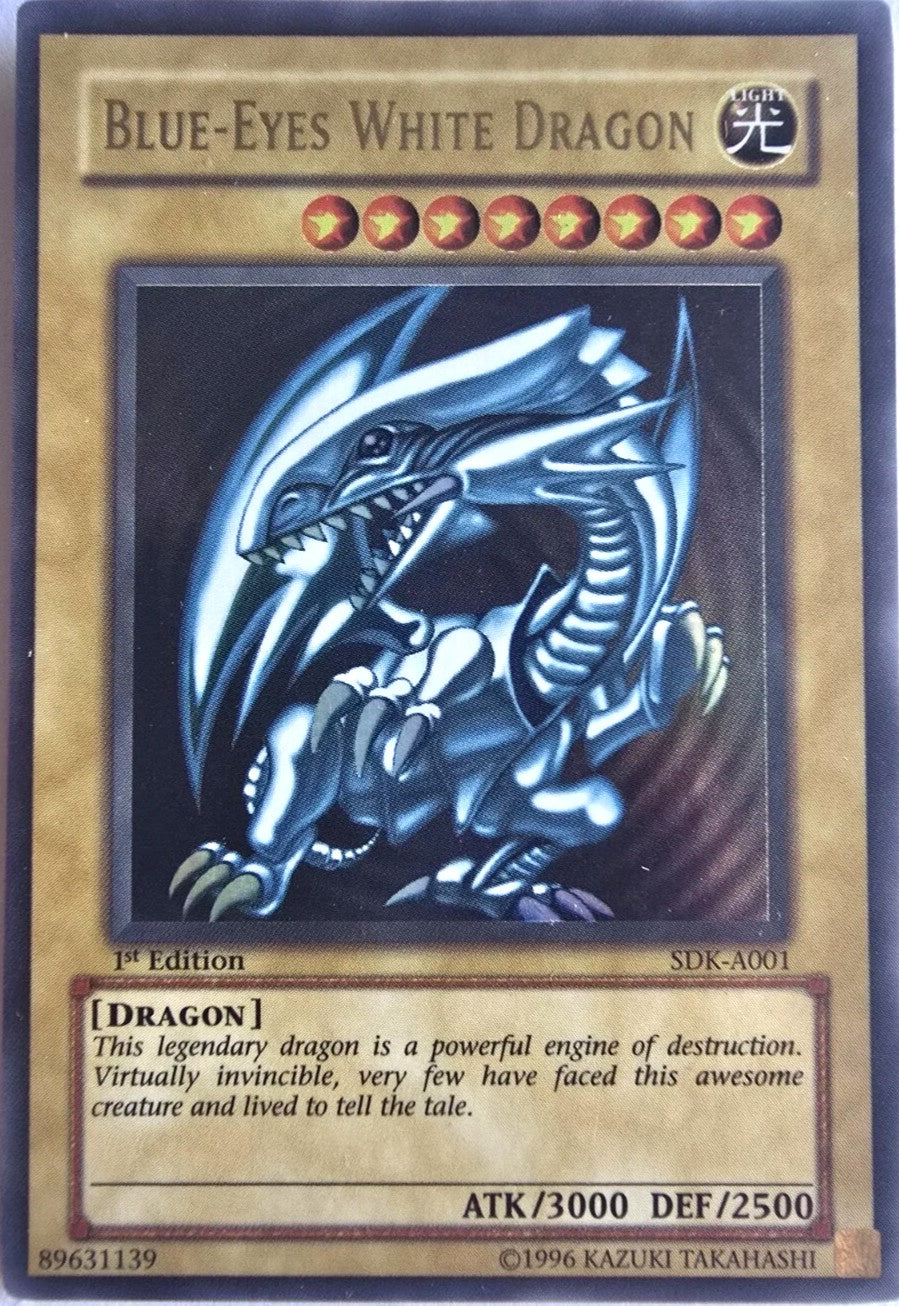 “LP Ultra Rare 1st Edition Blue-Eyes White Dragon SDK-A001 Yu-Gi-Oh! card.”