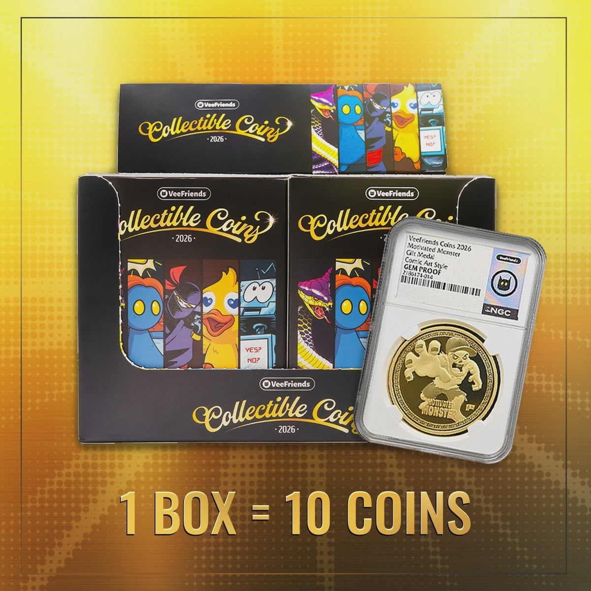 2026 VeeFriends Collectible Coins factory sealed case containing 10 Blind Box Graded Coin Packs.