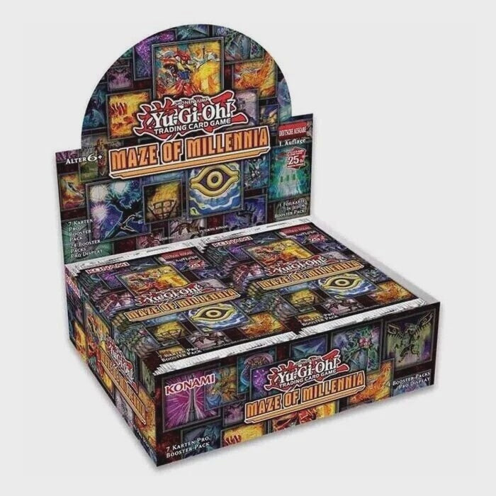 Yu-Gi-Oh! TCG Maze of Millennia 1st Edition factory-sealed booster box containing 24 packs with 7 cards per pack, featuring Collector's Rare chase cards.