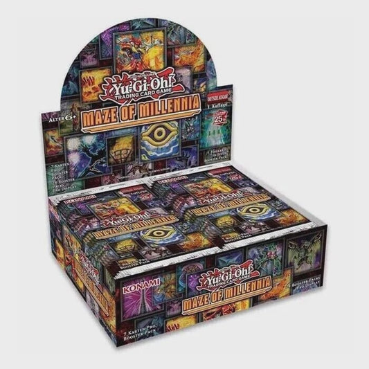 Yu-Gi-Oh! TCG Maze of Millennia 1st Edition factory-sealed booster box containing 24 packs with 7 cards per pack, featuring Collector's Rare chase cards.