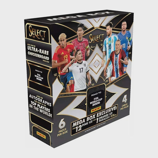 2026 Panini Select Road to FIFA World Cup Soccer Mega Box with Pink Ice and numbered parallels.