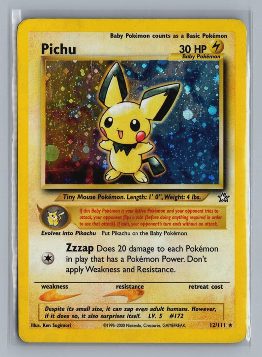 2000 Pokémon Pichu 12/111 Neo Genesis Unlimited Holo Rare English card with holographic swirl in Moderately Played condition.