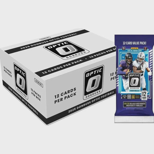 Factory sealed 2025 Panini Donruss Optic Football Fat Pack Box containing 12 packs with 12 cards per pack.