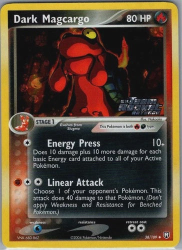 2004 Pokémon Dark Magcargo 38/109 EX Team Rocket Returns Reverse Holo Stamped English card in Near Mint/Lightly Played condition.