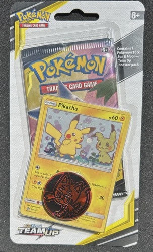 2019 Pokémon Sun & Moon Team Up factory sealed booster blister with Pikachu SM162 Holo promo and coin