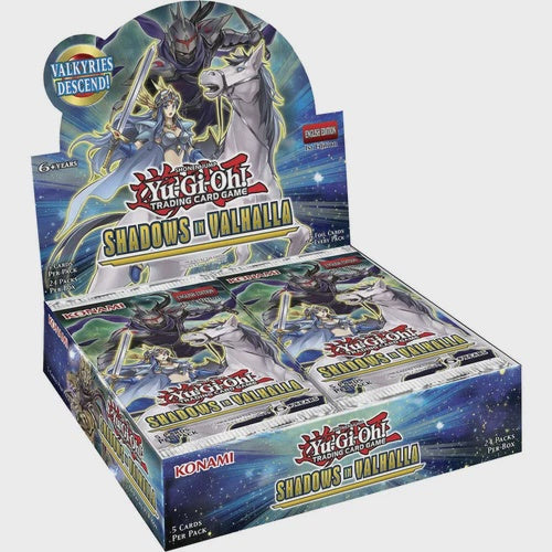 2018 Yu-Gi-Oh! Shadows in Valhalla SHVA 1st Edition factory-sealed booster box containing 24 English all-foil trading card booster packs.