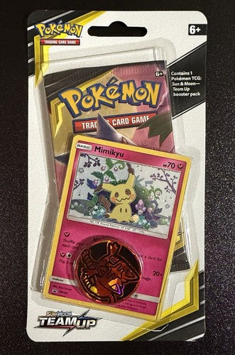 2019 Pokémon Sun & Moon Team Up factory sealed booster blister with Mimikyu SM163 Holo promo.