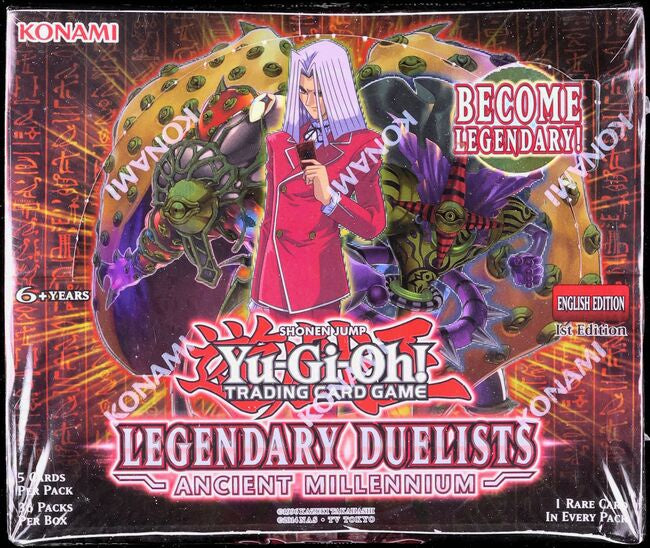 2018 Yu-Gi-Oh! Legendary Duelists Ancient Millennium 1st Edition factory-sealed booster box containing 36 packs of 5 cards, featuring Millennium-Eyes Restrict and Ancient Gear cards.