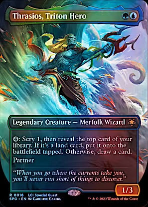 Magic: The Gathering trading card for 'Thrasios, Triton Hero' from the Spire Quest set. The card features a blue and green fantasy illustration of a merfolk wizard, with a black border and standard game text.