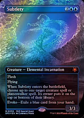 A Magic: The Gathering trading card titled 'Subtlety' from the Special Quest set, featuring a blue and purple water-like creature illustration on a dark card frame with rules text below.