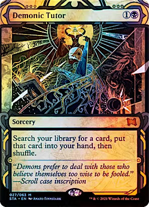 A Magic: The Gathering trading card titled 'Demonic Tutor' from the 2024 Time Spiral set. The card features a dark fantasy illustration with a blue figure, a glowing orb, and a red demon, with a cream-colored text box and an ornate gold border.