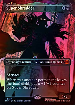 Magic: The Gathering trading card titled 'Super Shredder' featuring artwork of a dark ninja-like creature in a city at night, with card text detailing a menace effect and mana cost indicators.