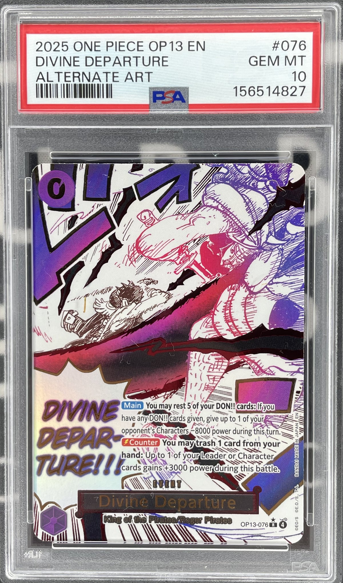 Divine Departure Alternate Art OP13-076 from One Piece Carrying on His Will, Rare Event card professionally graded PSA 10 Gem Mint.