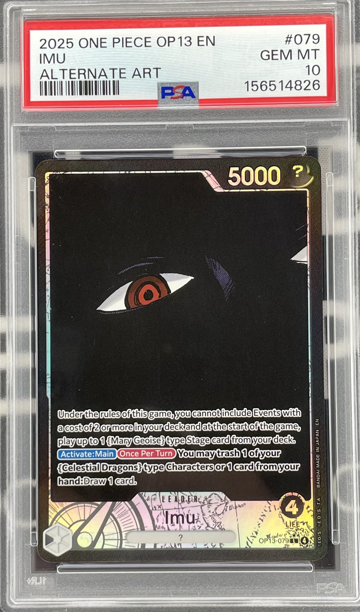 Imu Alternate Art OP13-079 from One Piece Carrying on His Will, Black Leader card professionally graded PSA 10 Gem Mint.