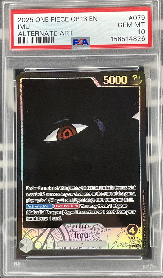 Imu Alternate Art OP13-079 from One Piece Carrying on His Will, Black Leader card professionally graded PSA 10 Gem Mint.