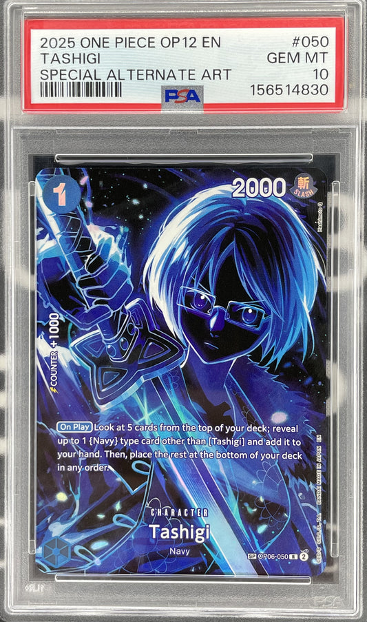 Tashigi Special Alternate Art SP OP06-050 from One Piece Legacy of the Master OP12, professionally graded PSA 10 Gem Mint.
