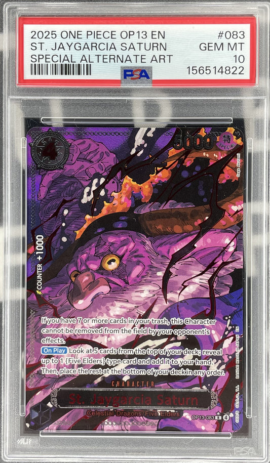 St. Jaygarcia Saturn Special Alternate Art OP13-083 from One Piece Carrying on His Will, professionally graded PSA 10 Gem Mint.