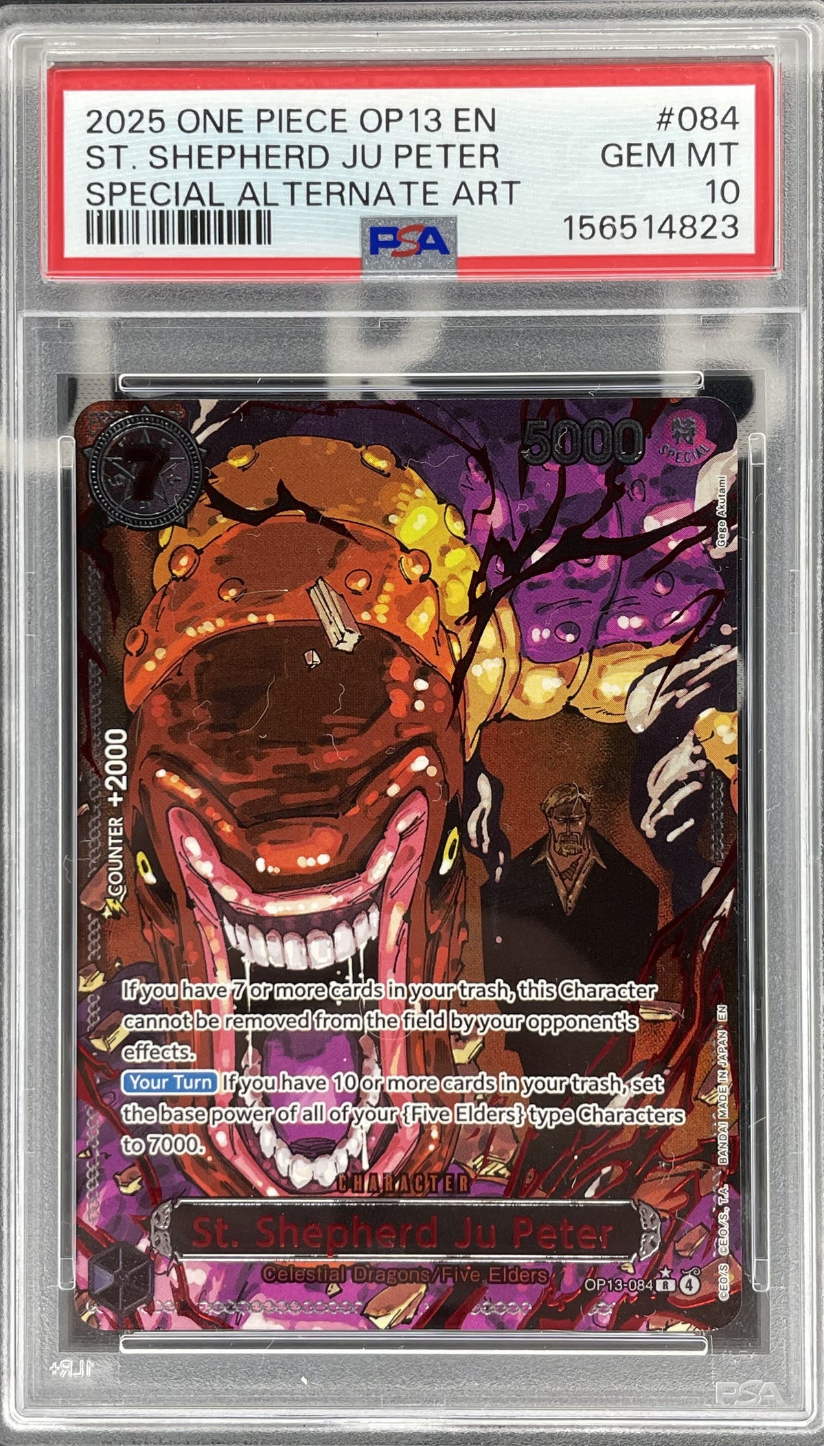 St. Shepherd Ju Peter Special Alternate Art OP13-084 from One Piece Carrying on His Will, professionally graded PSA 10 Gem Mint.