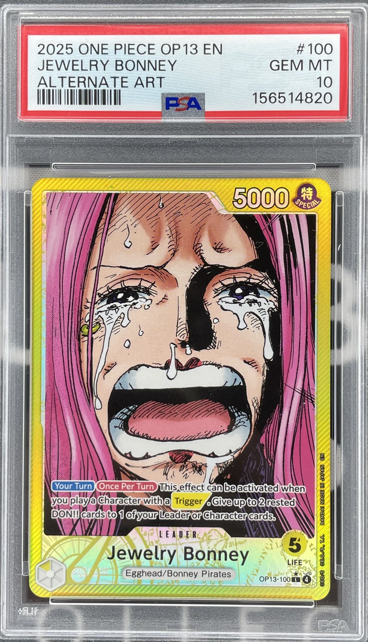 Jewelry Bonney Alternate Art OP13-100 from One Piece Carrying on His Will, Yellow Leader card professionally graded PSA 10 Gem Mint.