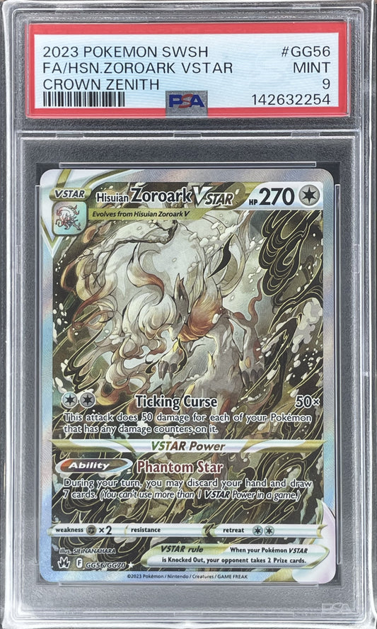 Hisuian Zoroark VSTAR GG56/GG70 Full Art from Pokémon Crown Zenith Galarian Gallery graded PSA 9 Mint.